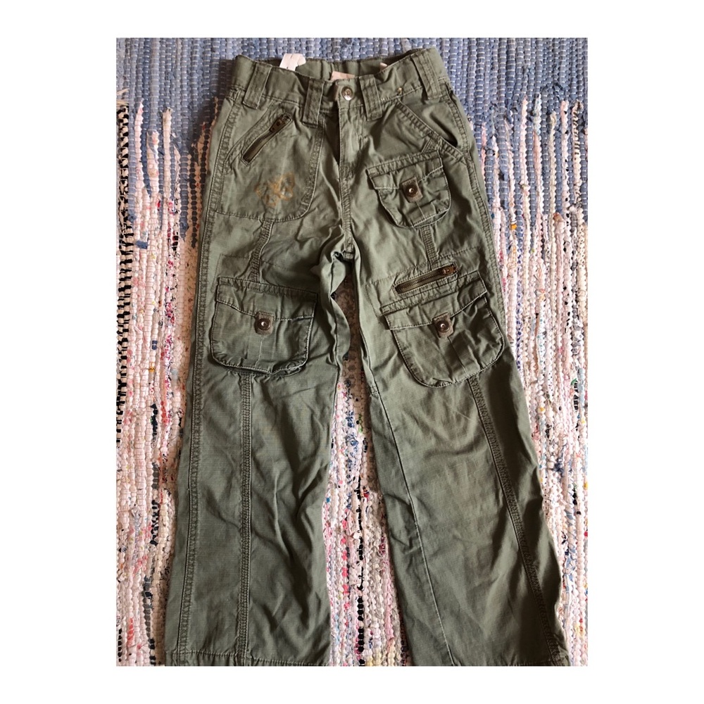 Army green cargo pants with butterfly design